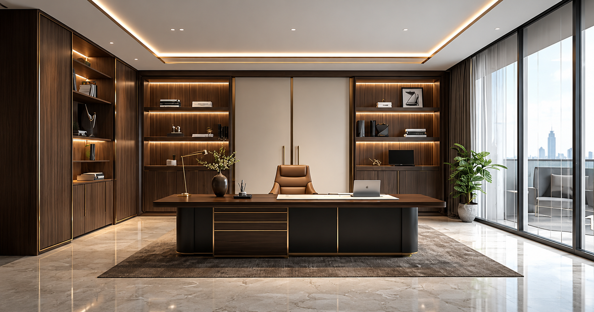 Warm luxury living room with sculptural seating and layered neutral materials